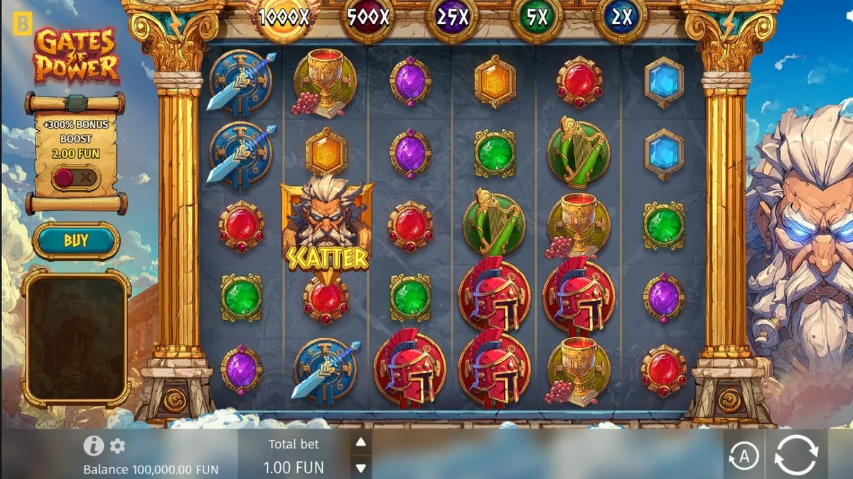 Gates of Power slot game interface with Zeus and golden temple theme