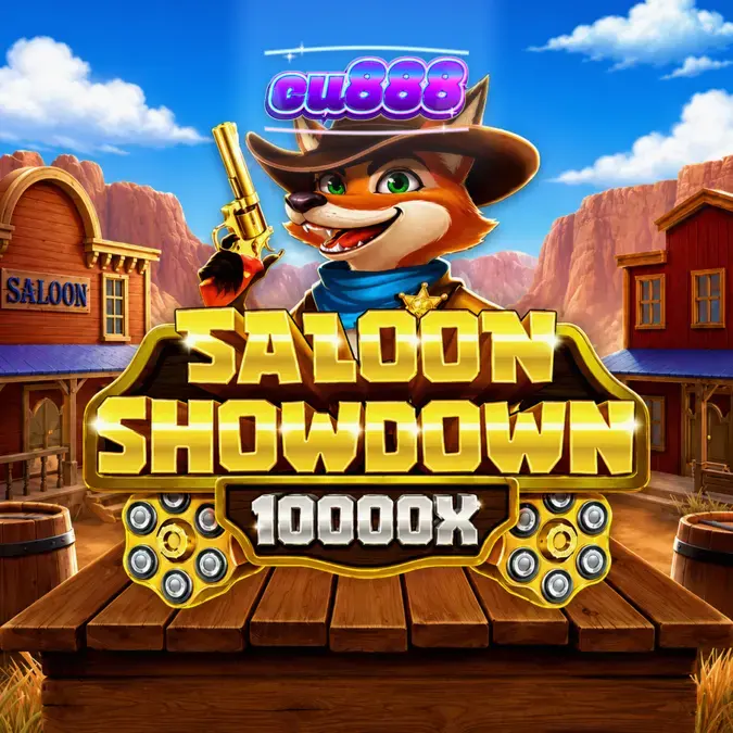 Tampilan antarmuka permainan slot Saloon Showdown 10,000x dengan tema Wild West